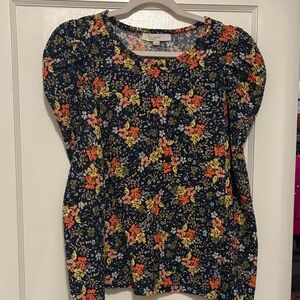 LOFT Floral Print Blouse - Dark Blue and Bright Orange